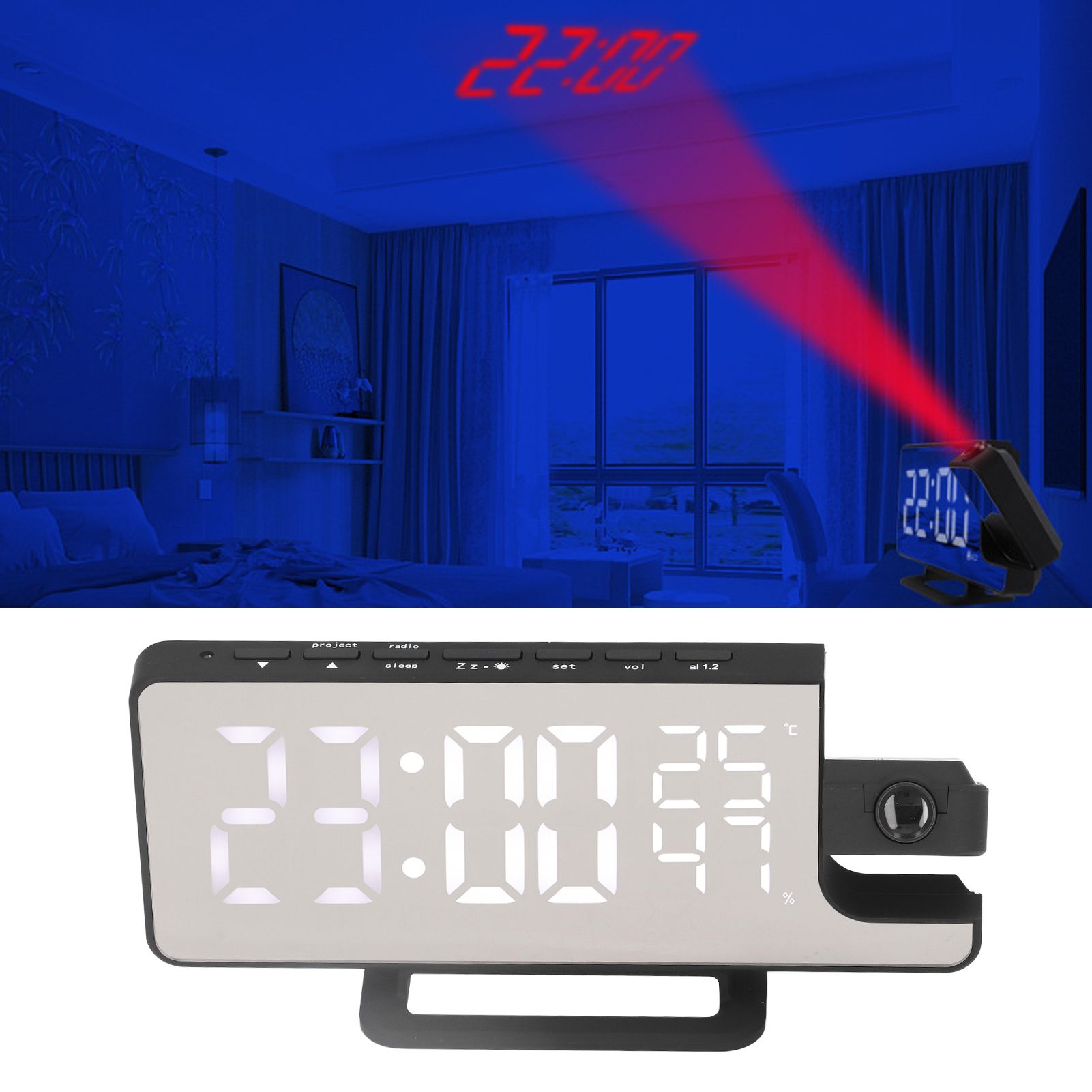 Projection Alarm Clock Mirror Screen USB Charging Snooze 180° Digital view 12