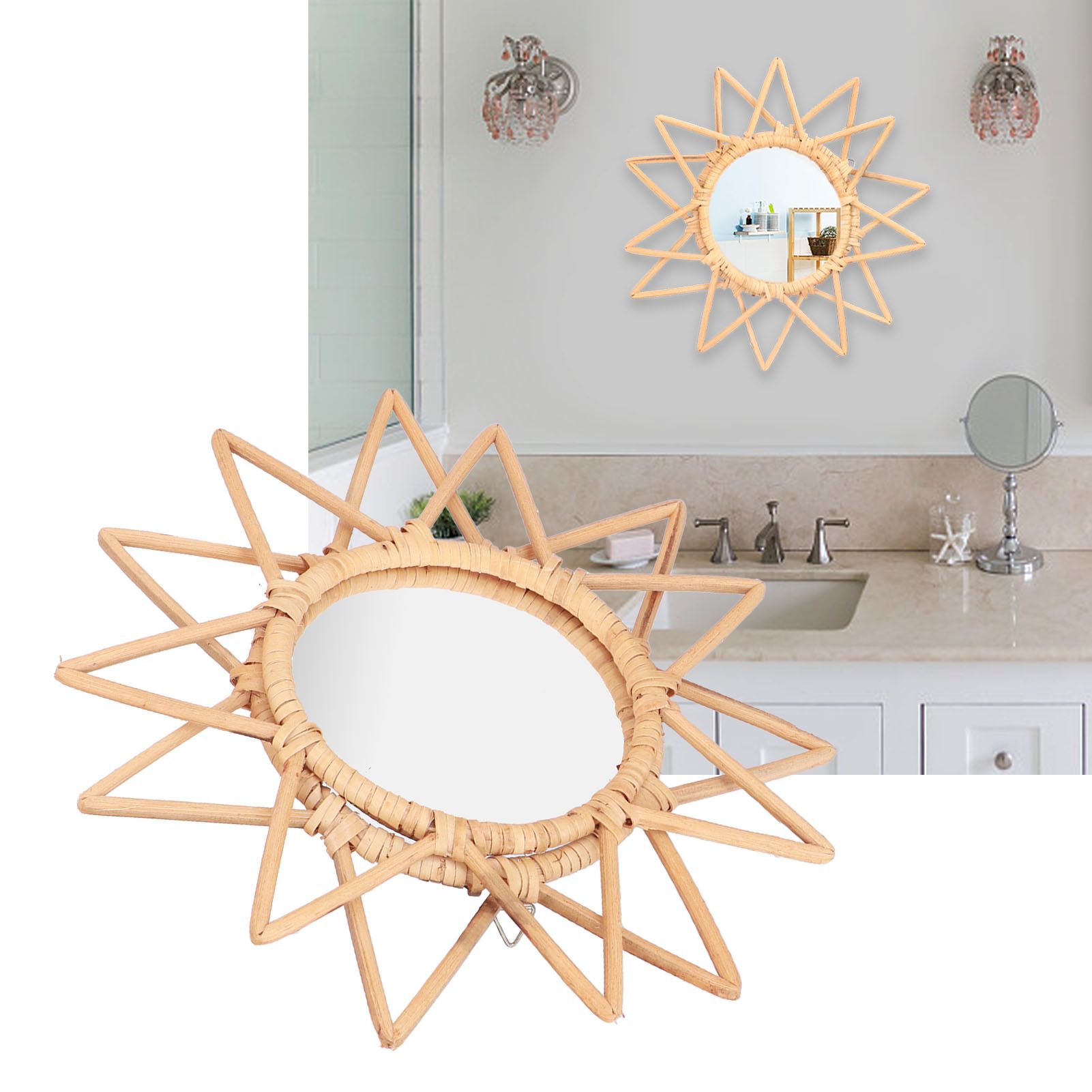Rattan Innovative Art Decoration Makeup Mirror Retro Dressing Bathroom Wall view 11