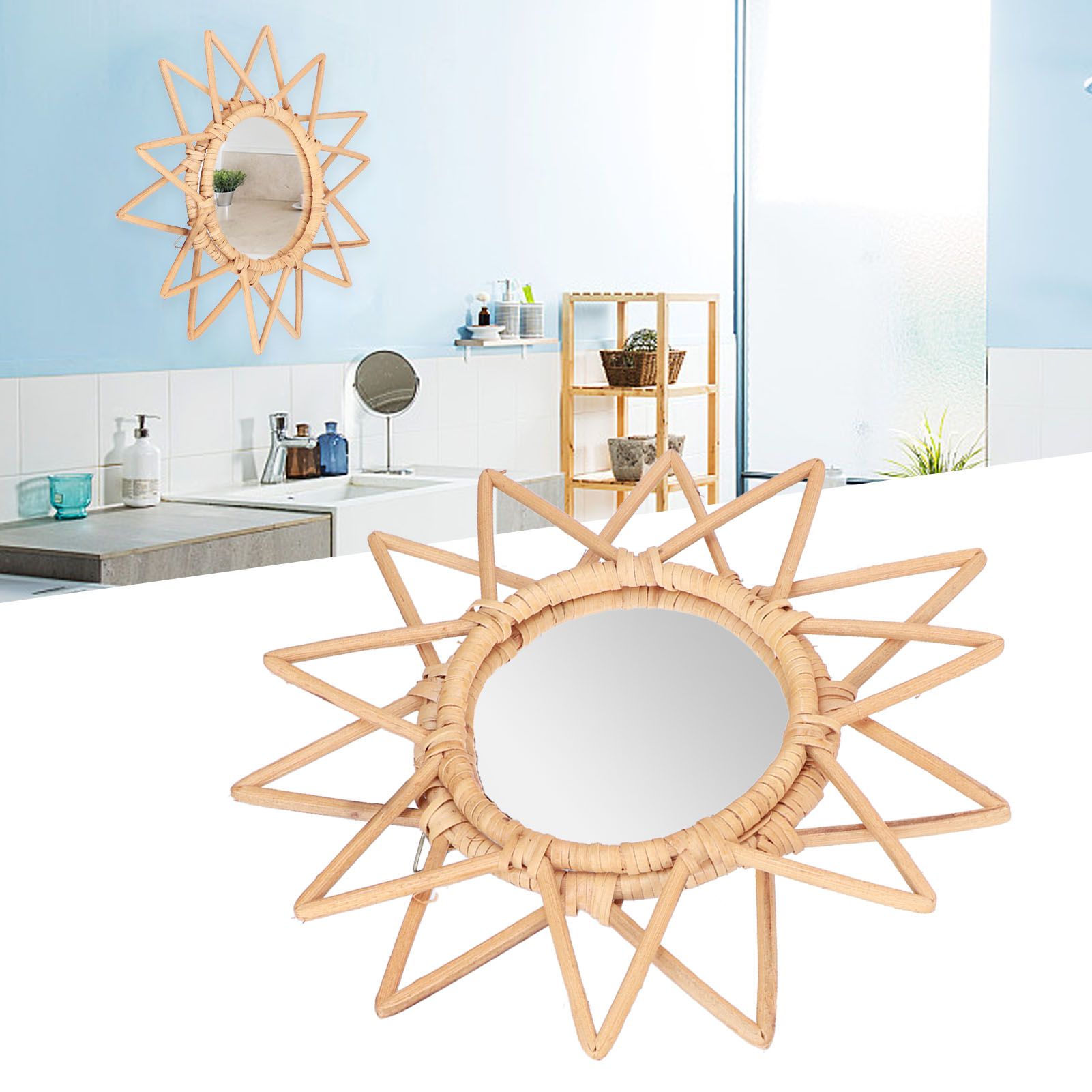 Rattan Innovative Art Decoration Makeup Mirror Retro Dressing Bathroom Wall view 12
