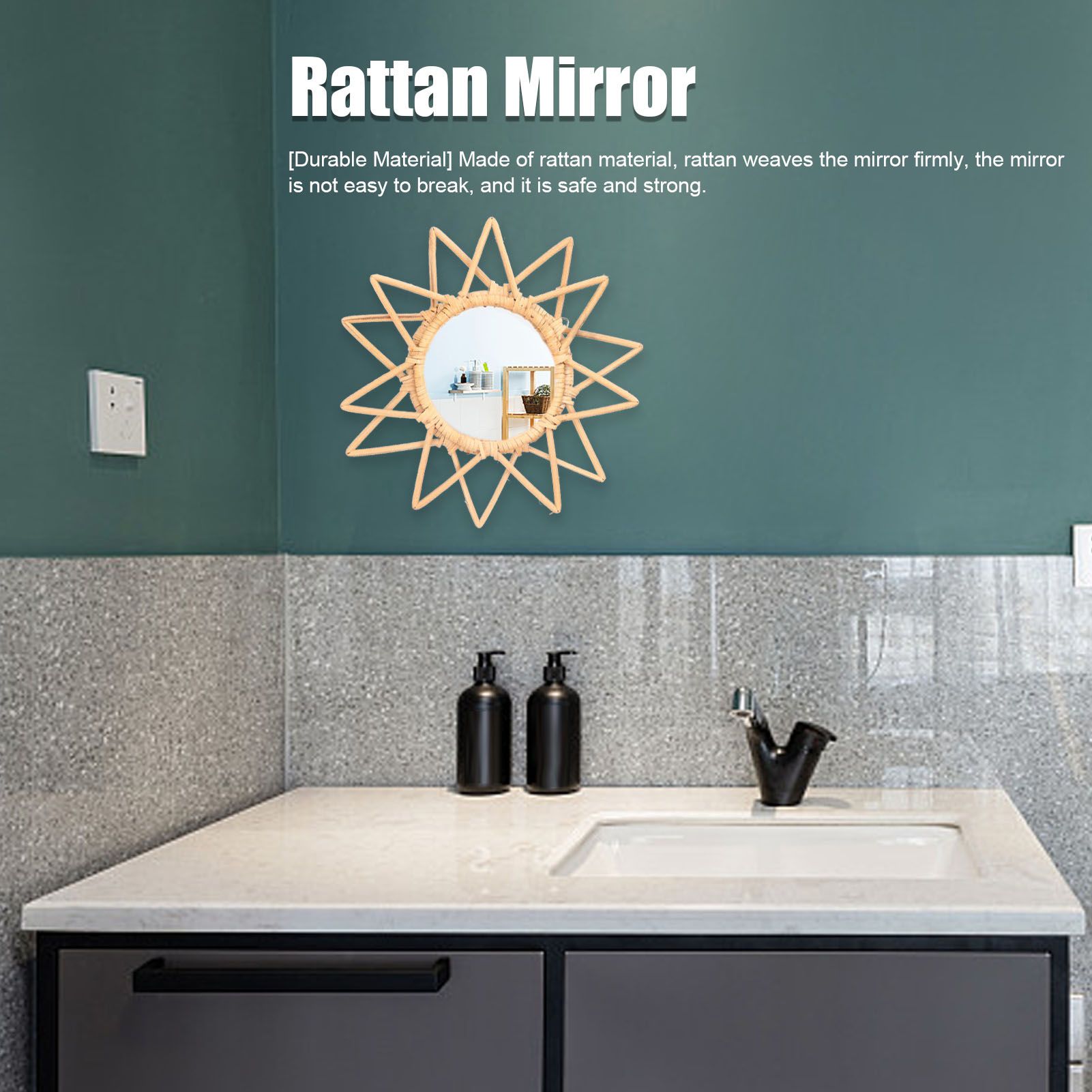 Rattan Innovative Art Decoration Makeup Mirror Retro Dressing Bathroom Wall view 14