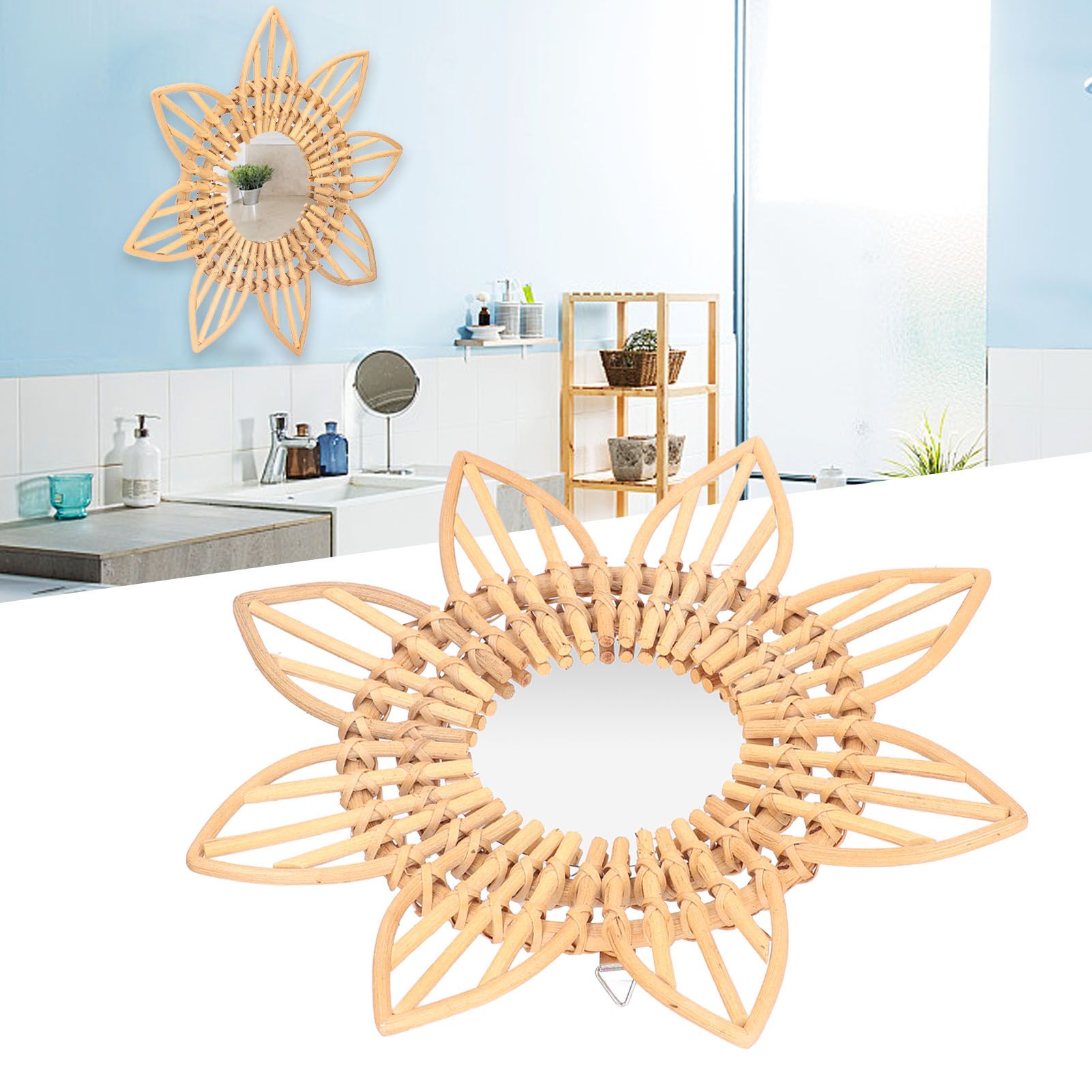 Rattan Innovative Art Decoration Makeup Mirror Retro Dressing Bathroom Wall view 11