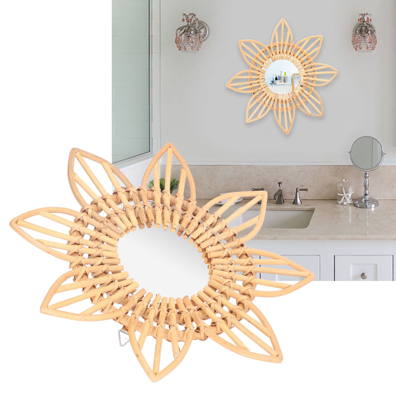 Rattan Innovative Art Decoration Makeup Mirror Retro Dressing Bathroom Wall view 12