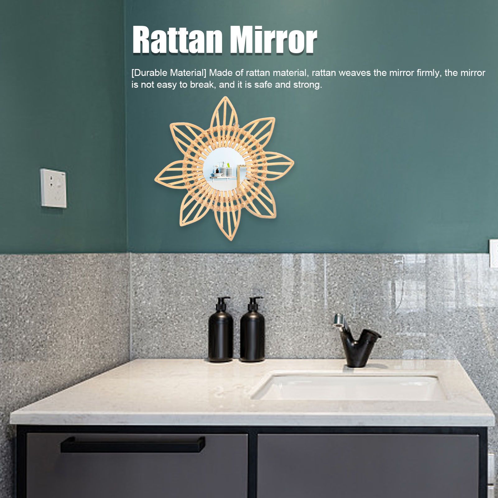 Rattan Innovative Art Decoration Makeup Mirror Retro Dressing Bathroom Wall view 14