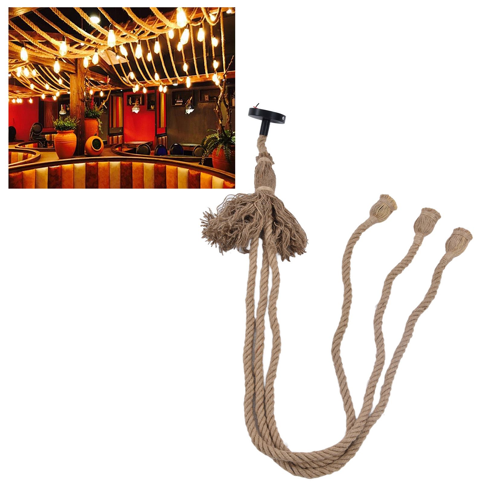 Hemp Rope Vintage Pendant Light Cord Hemp Light Cord 1.5m with 3 Bulb Base for view 12