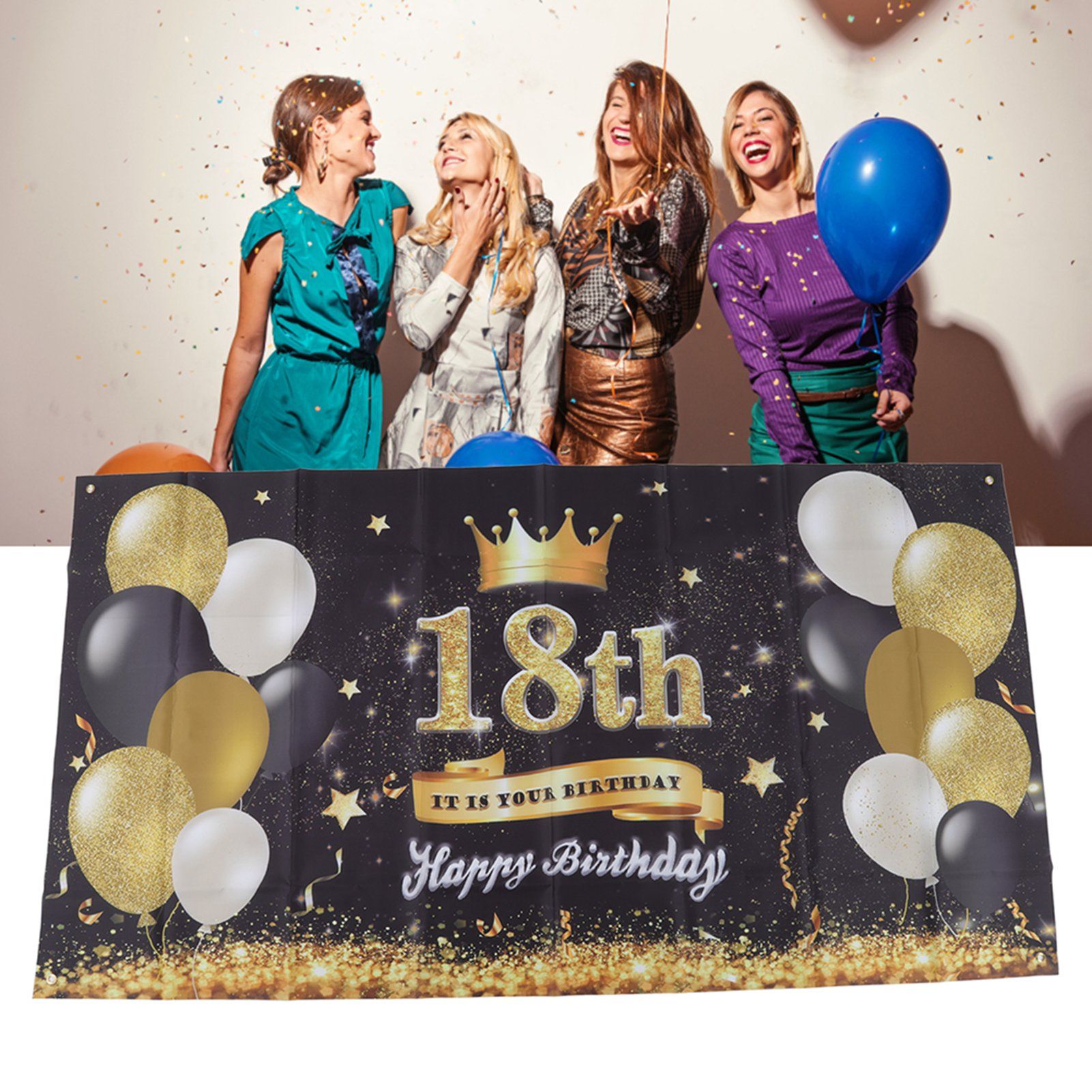 Happy 18th Birthday Backdrop Black Gold 180x99cm Reusable Happy Birthday view 12