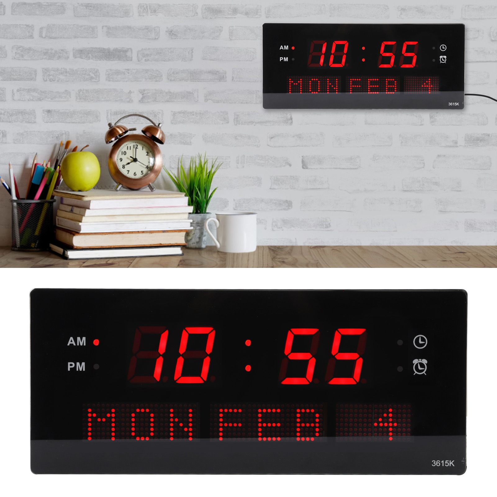 LED Wall Clock Decorative Black Frame Elegant Style Hanging Holes Digital view 12