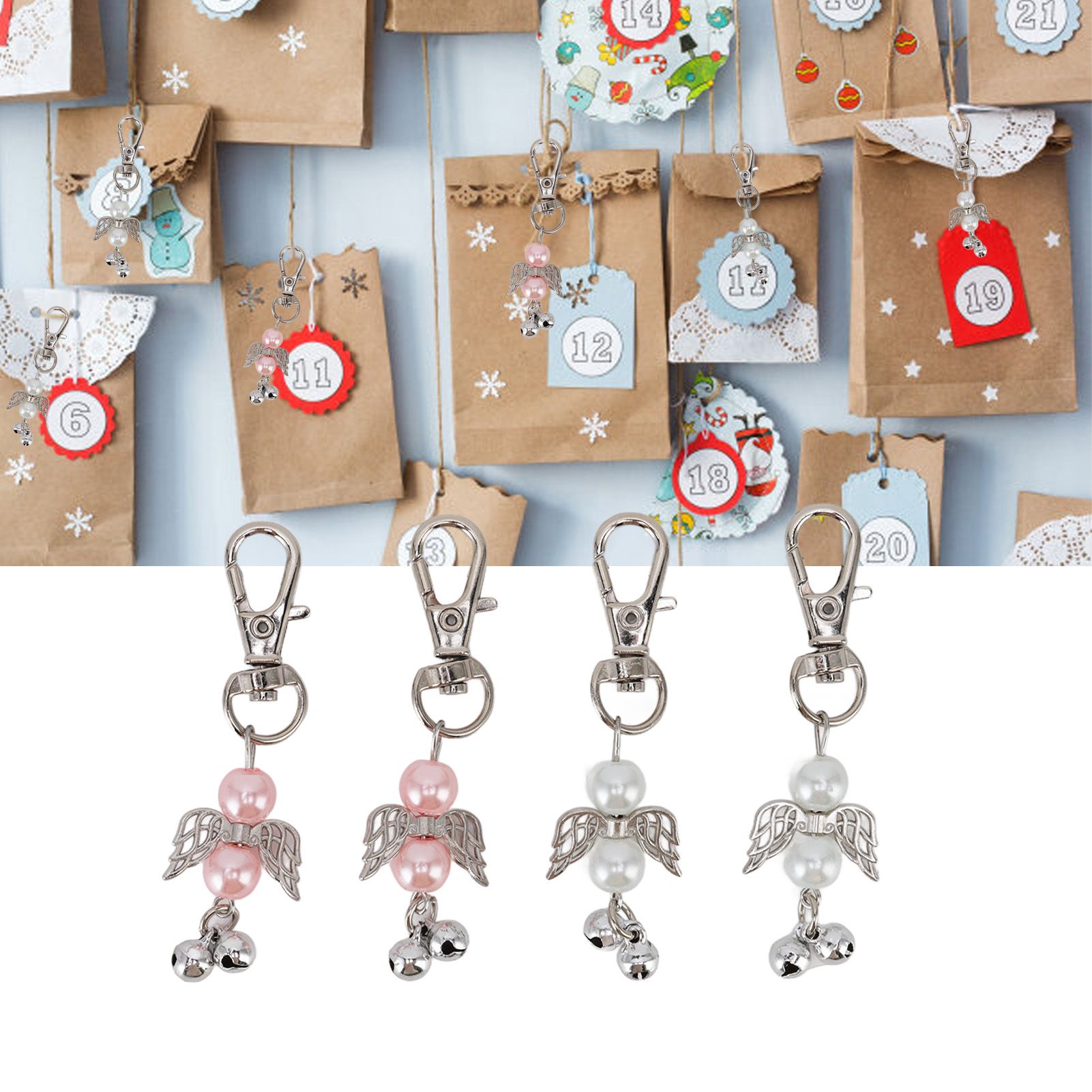 30 Sets Angel Keychain Pink White Angel Bell Pearl Keychain Baby Shower Party view 12