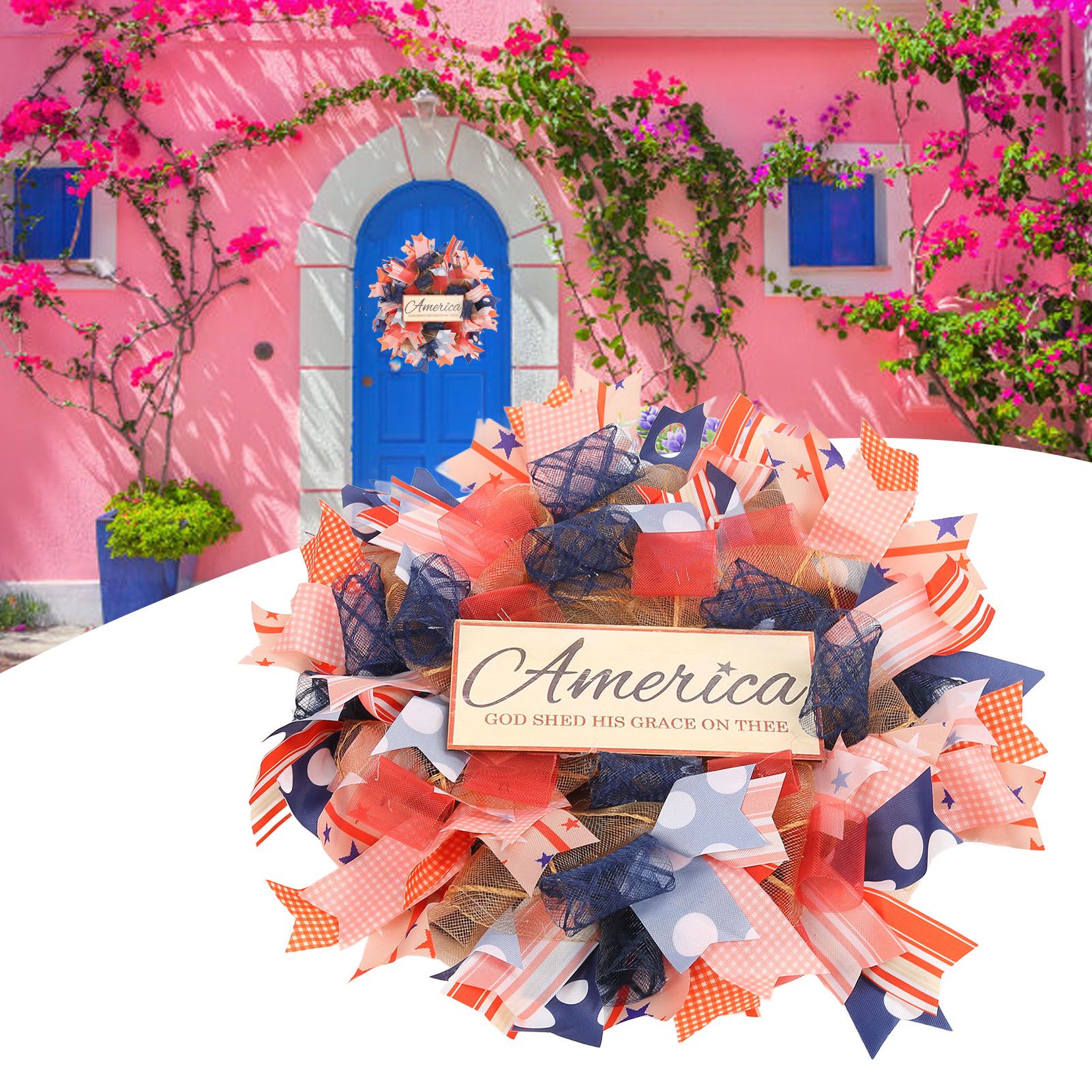 Independence Day Wreath Hand Knitted Wall Hanging Pendant with Hemp Rope for view 11