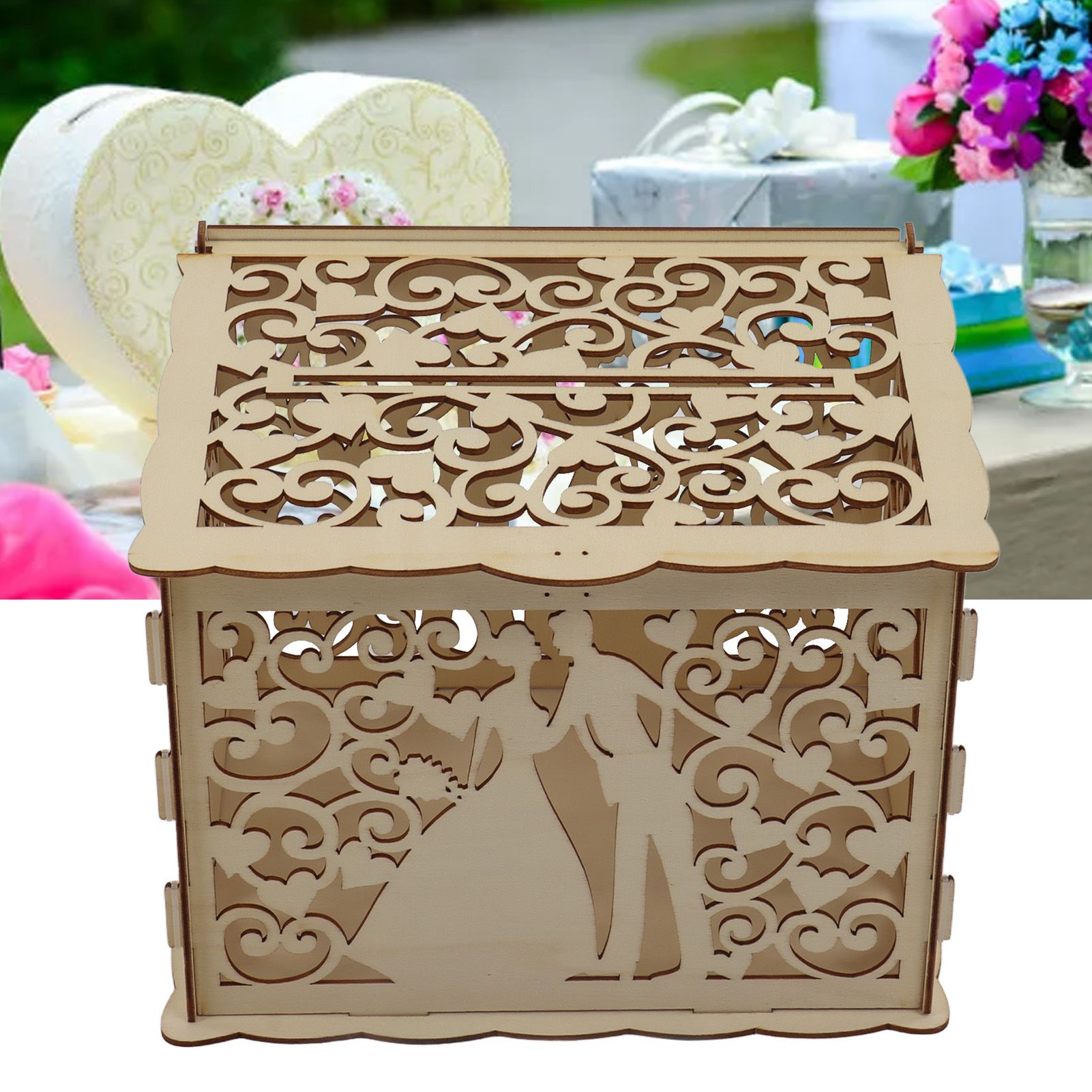 DIY Hollow Wooden Box Gift Card Money Case Wedding Reception Decoration Box view 11