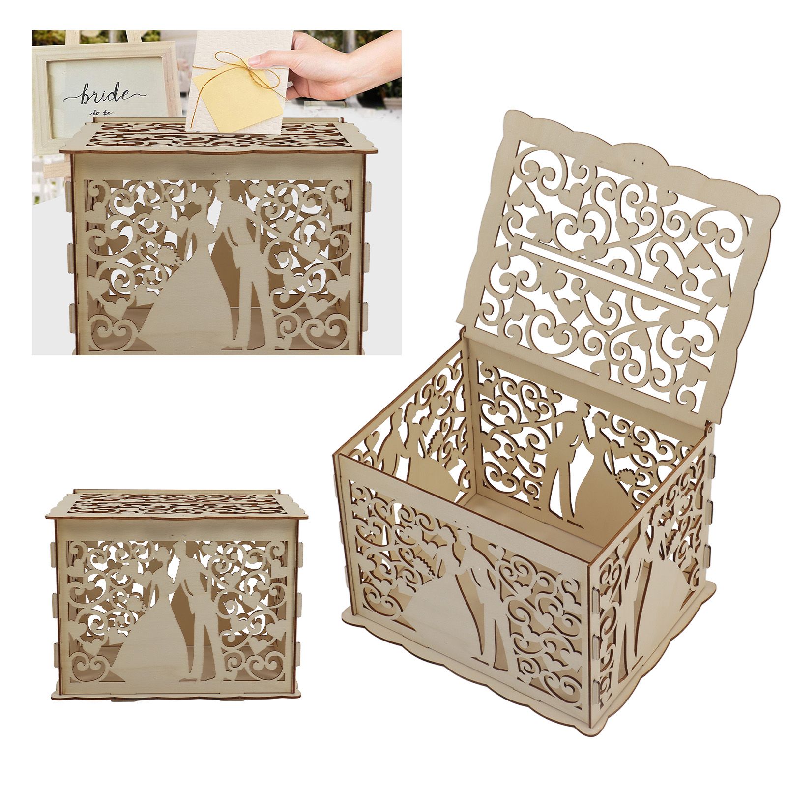 DIY Hollow Wooden Box Gift Card Money Case Wedding Reception Decoration Box view 12