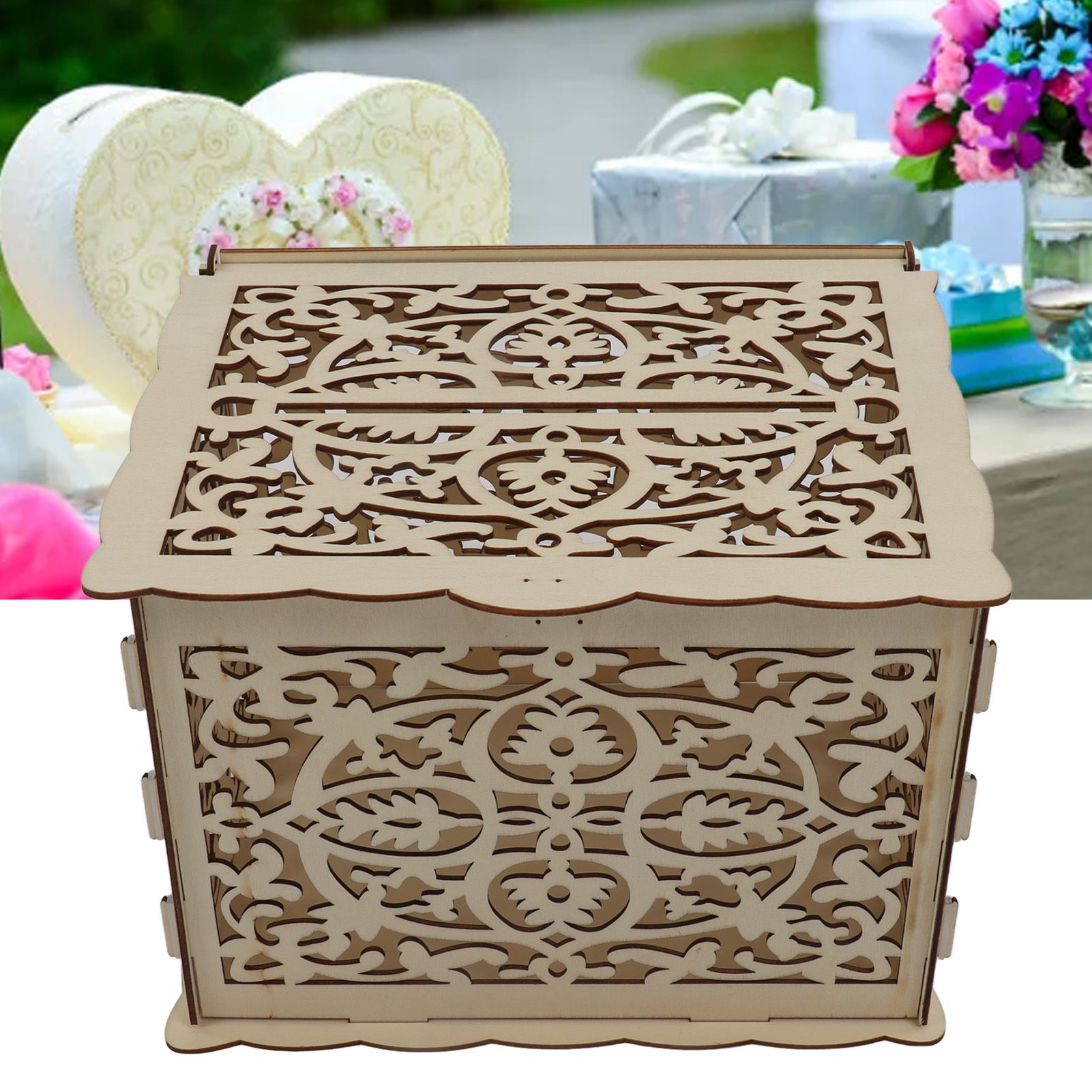 DIY Hollow Wooden Box Gift Card Money Case Wedding Reception Decoration Box view 11