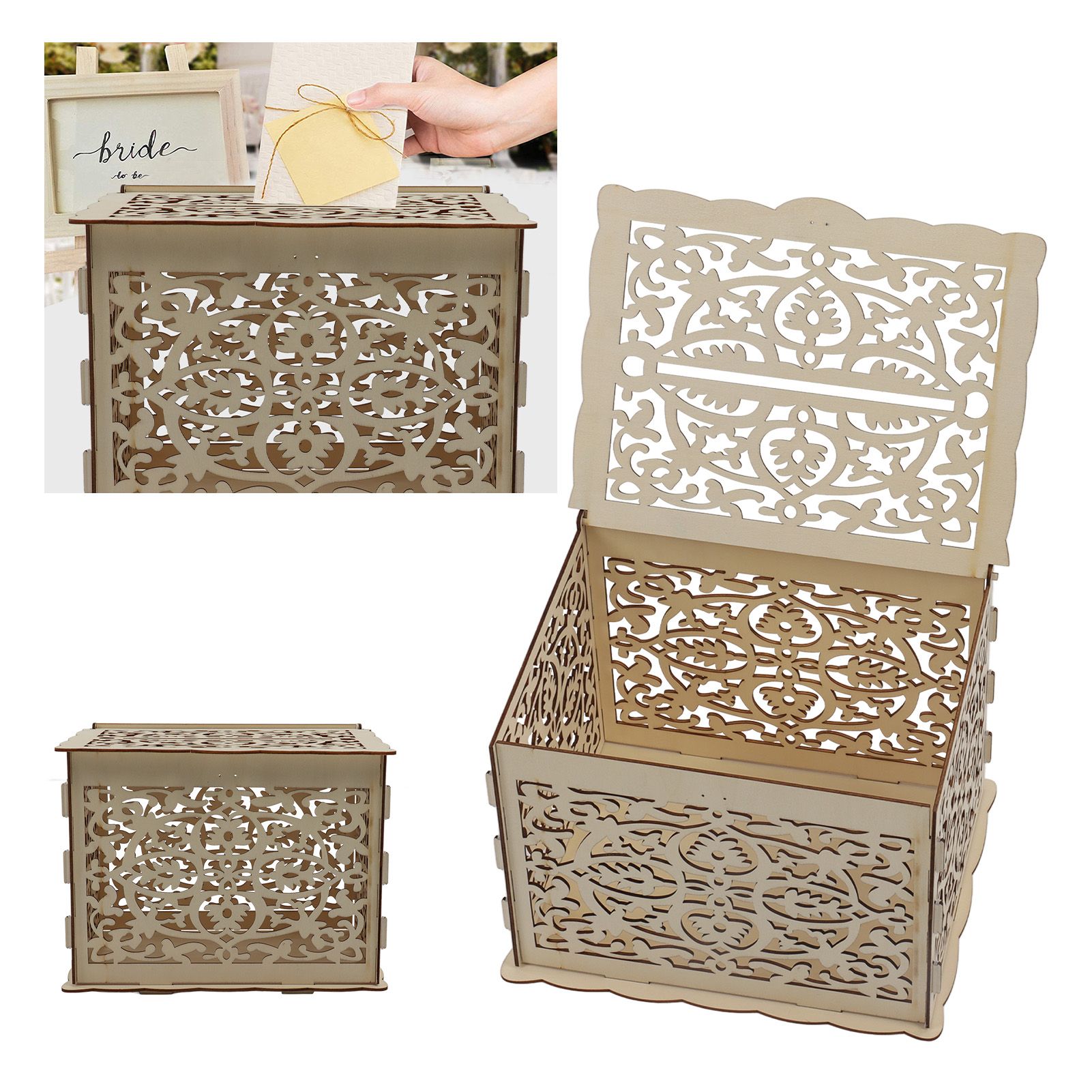 DIY Hollow Wooden Box Gift Card Money Case Wedding Reception Decoration Box view 12
