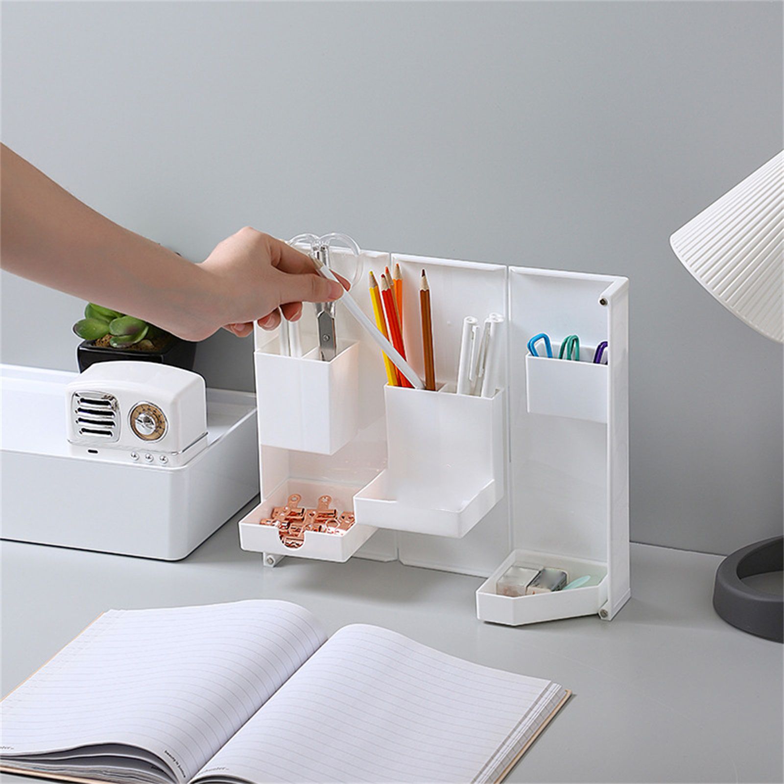 Folding Standable Stationery Box Office Pencil Holder Desktop Magnetic Plastic view 2