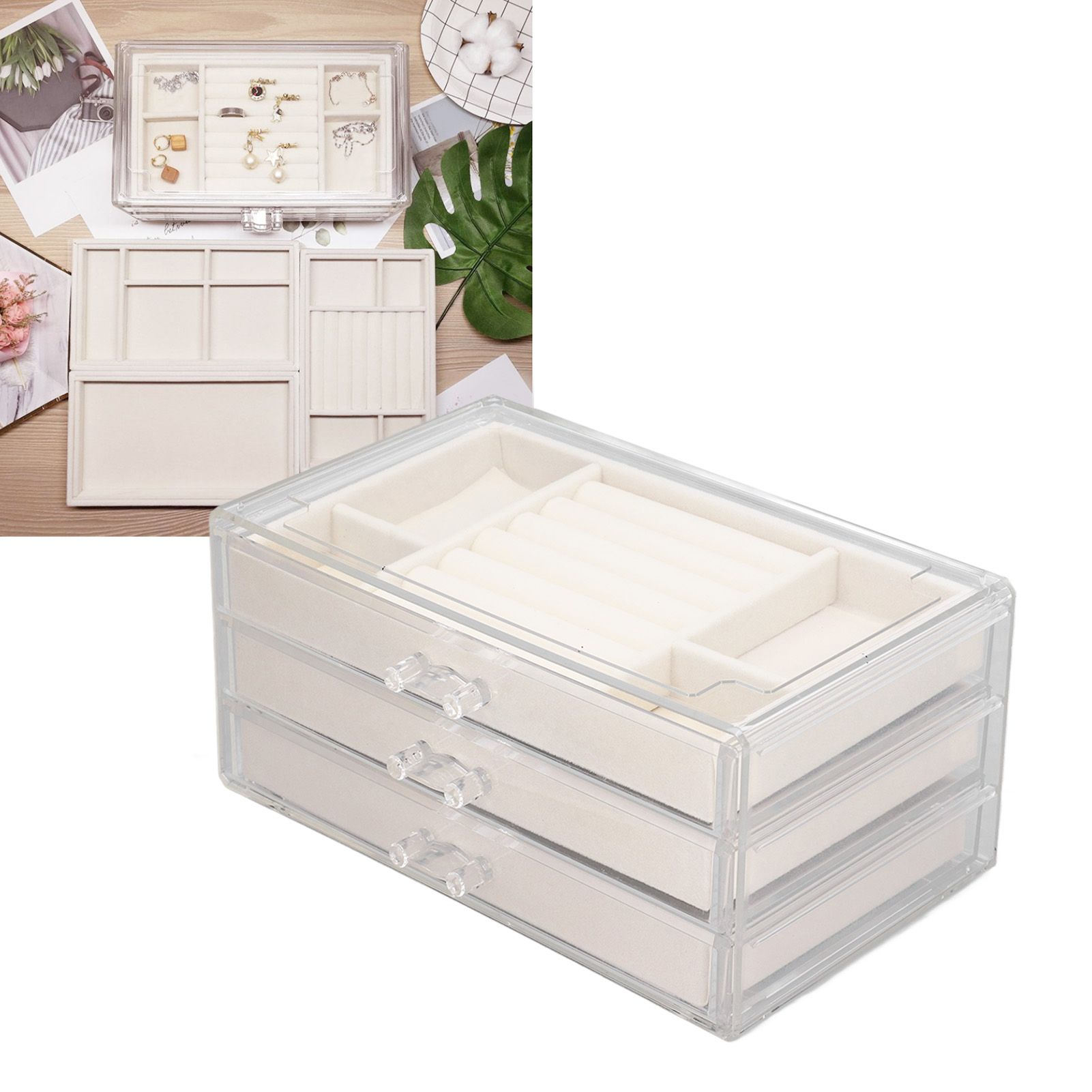 Acrylic Jewelry Organizer Clear Acrylic Beige Drawer Desk Storage Jewelry Box view 11