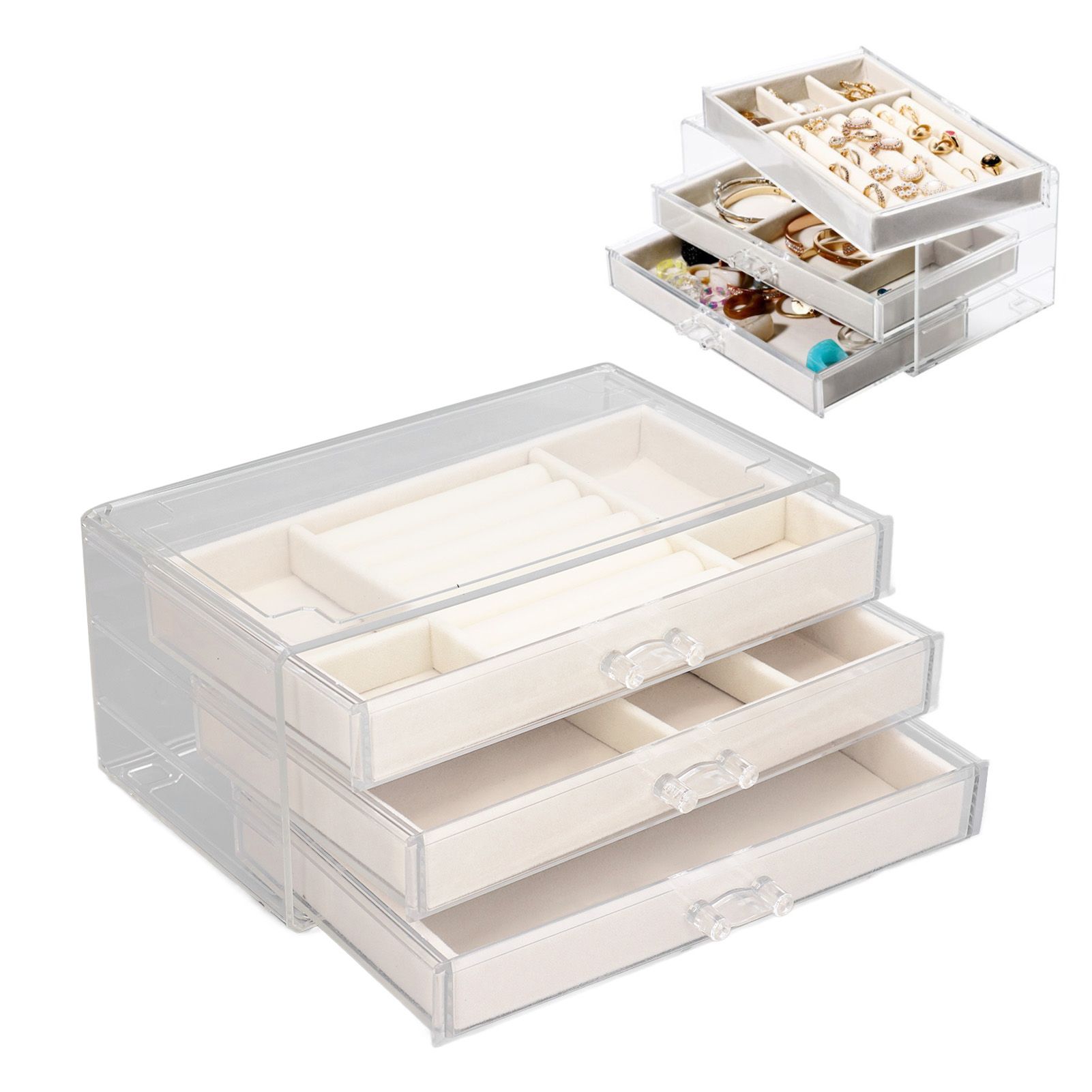 Acrylic Jewelry Organizer Clear Acrylic Beige Drawer Desk Storage Jewelry Box view 12