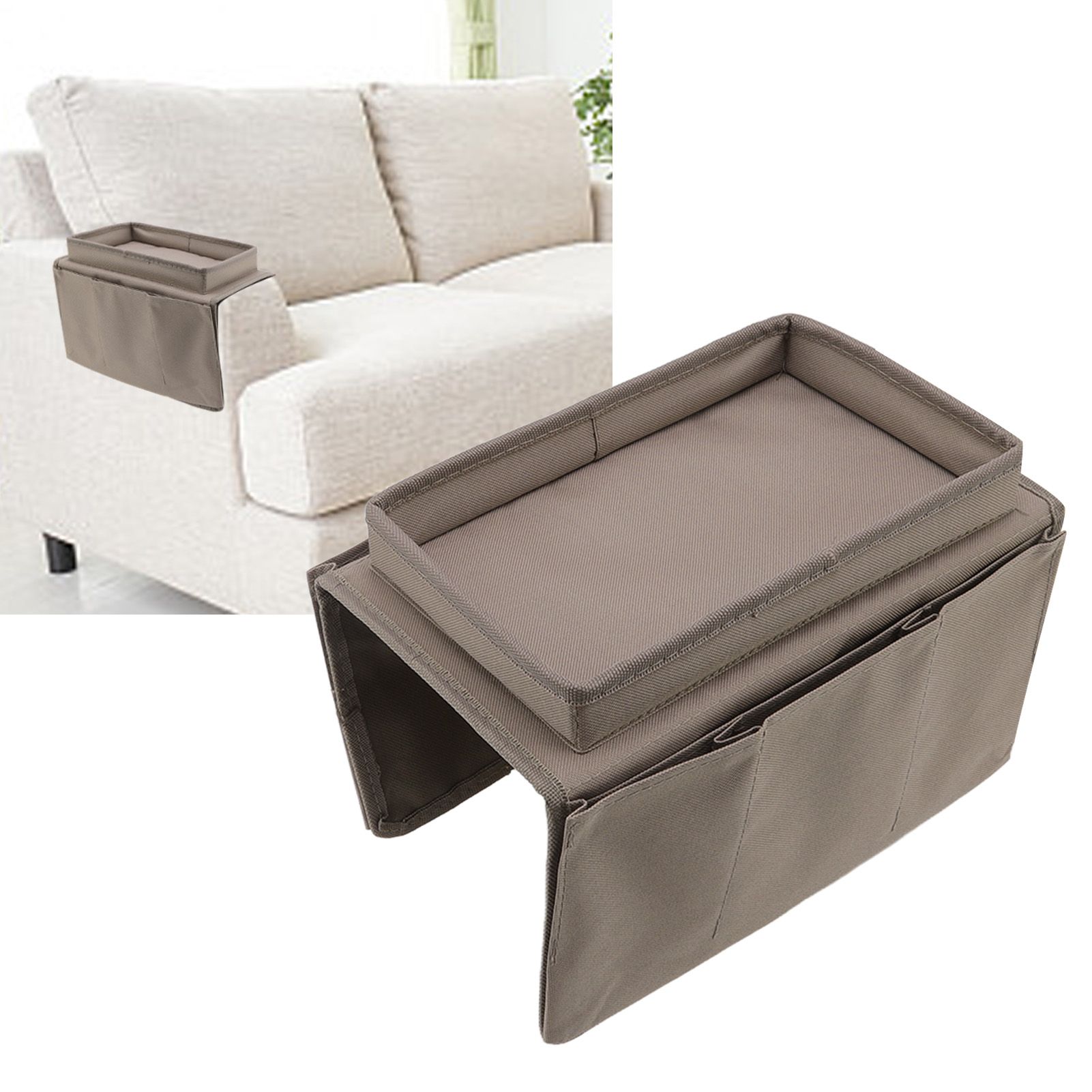 Sofa Tray Folding Arm Storage Holder Table 600D Oxford Cloth Side Pockets for view 11