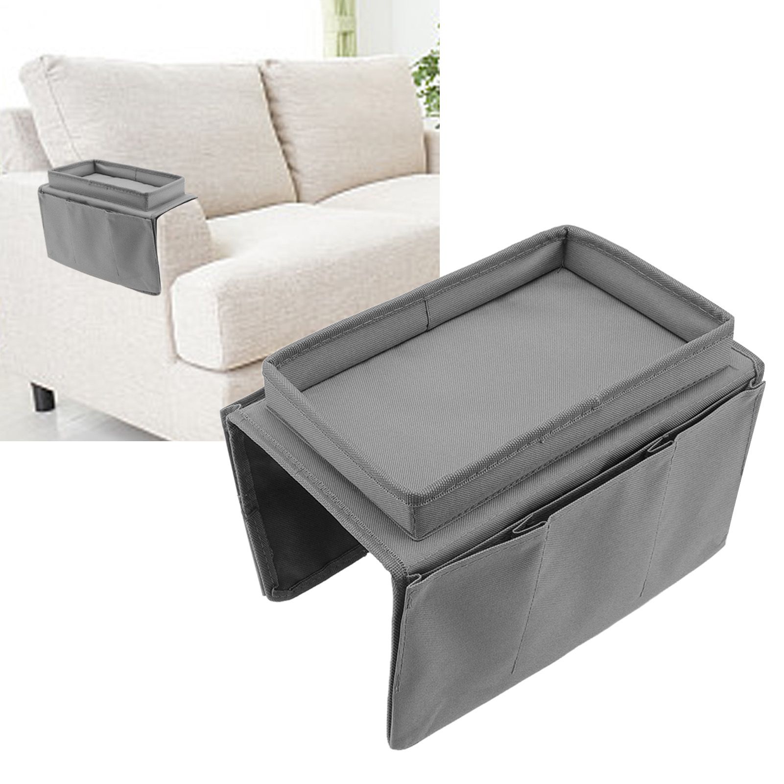 Sofa Tray Folding Arm Storage Holder Table 600D Oxford Cloth Side Pockets for view 11