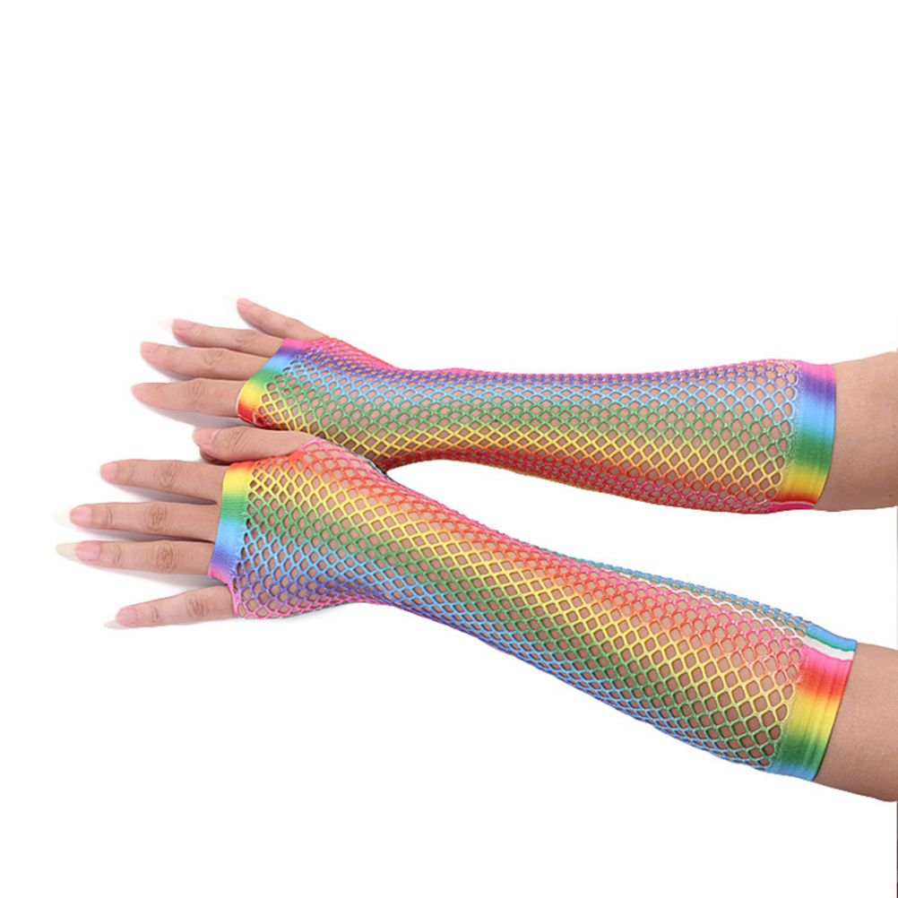 1 Pair Womens Shiny Rainbow Printed Net Gloves Hollow Out Bridal Fingerless — image 1