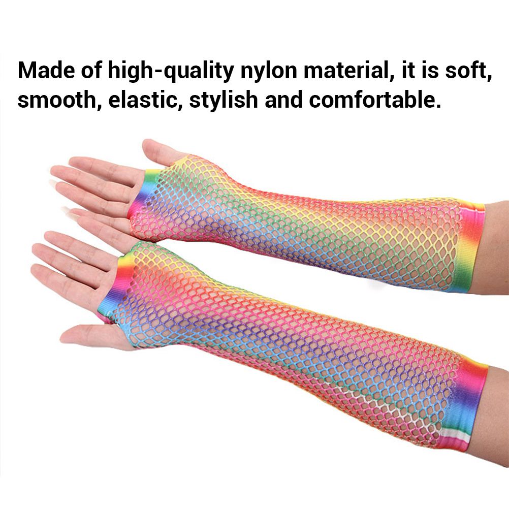 1 Pair Womens Shiny Rainbow Printed Net Gloves Hollow Out Bridal Fingerless view 3