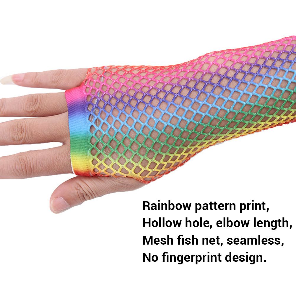 1 Pair Womens Shiny Rainbow Printed Net Gloves Hollow Out Bridal Fingerless view 4