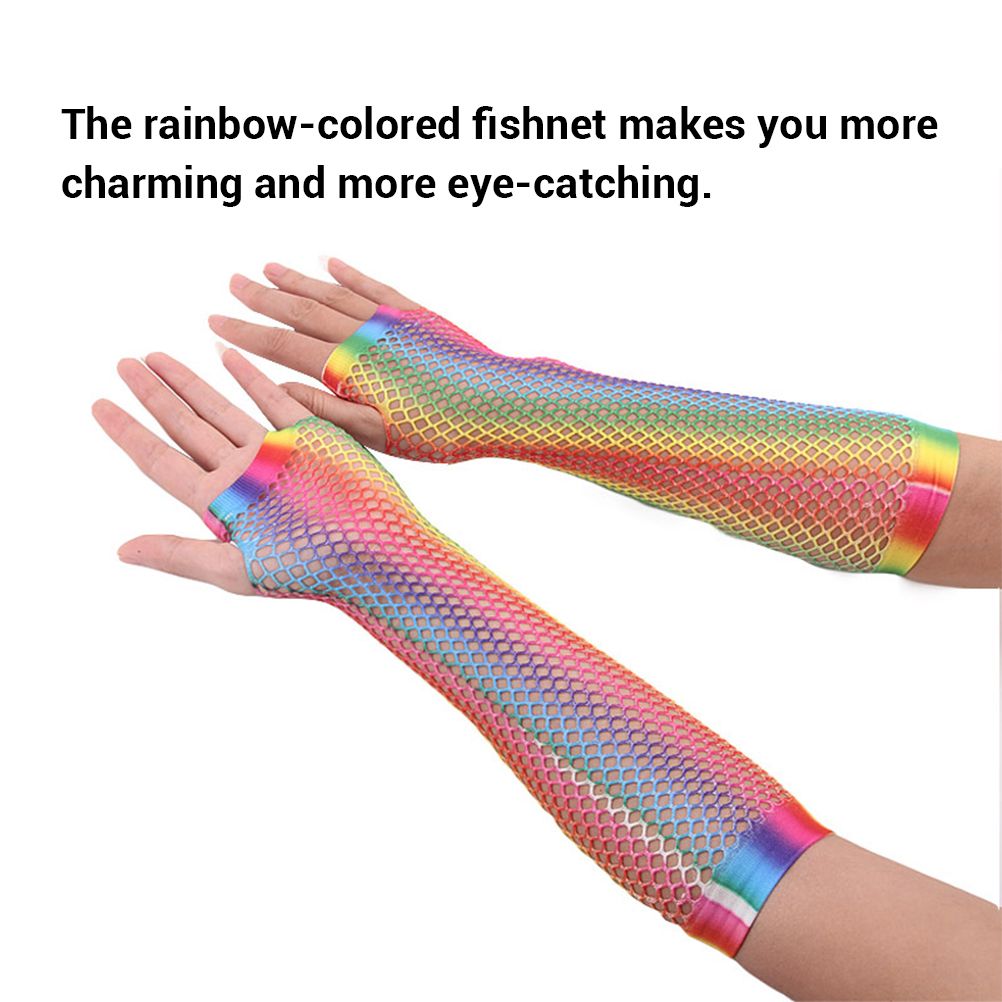 1 Pair Womens Shiny Rainbow Printed Net Gloves Hollow Out Bridal Fingerless view 7
