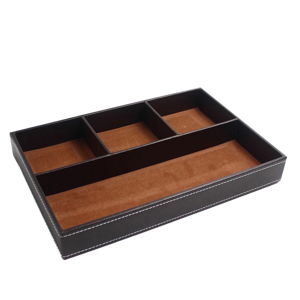 4 Compartments Leatherette Valet Tray Desk Dresser Top Organizer Box for