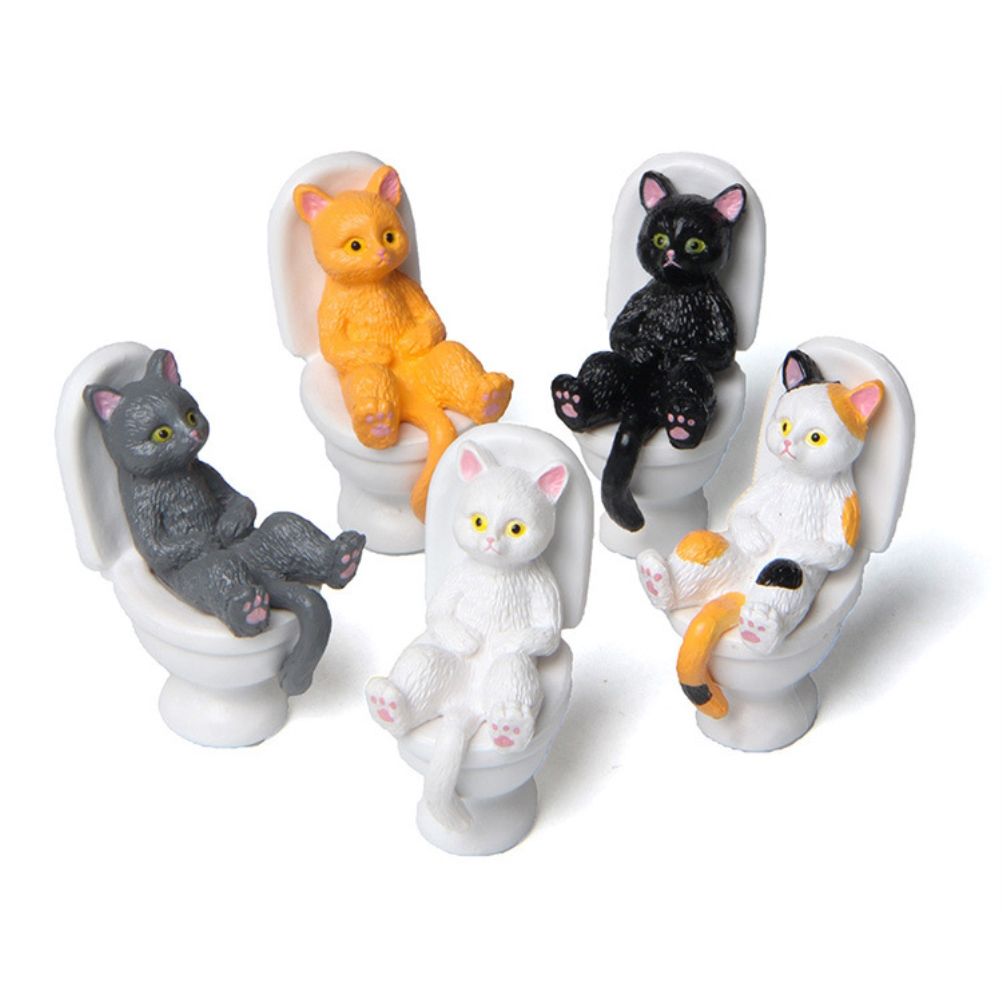 5Pcs Cat Sitting on Toilet Statues Mini Toilet Cat Figurines Desktop Ornaments view 4