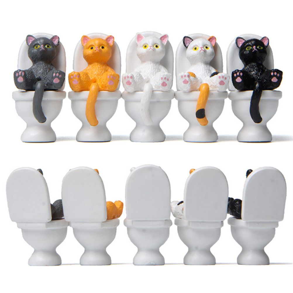 5Pcs Cat Sitting on Toilet Statues Mini Toilet Cat Figurines Desktop Ornaments view 5