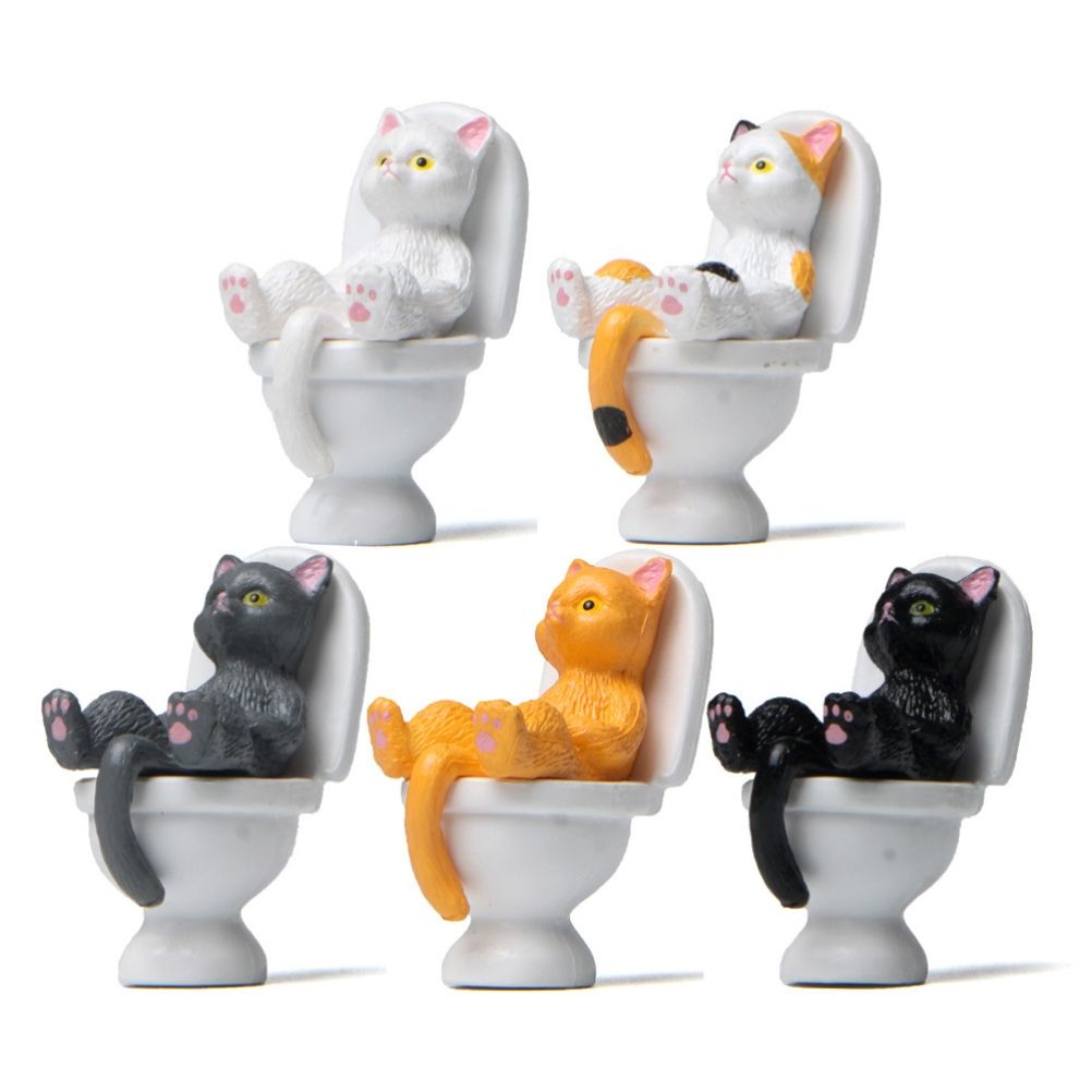 5Pcs Cat Sitting on Toilet Statues Mini Toilet Cat Figurines Desktop Ornaments view 6
