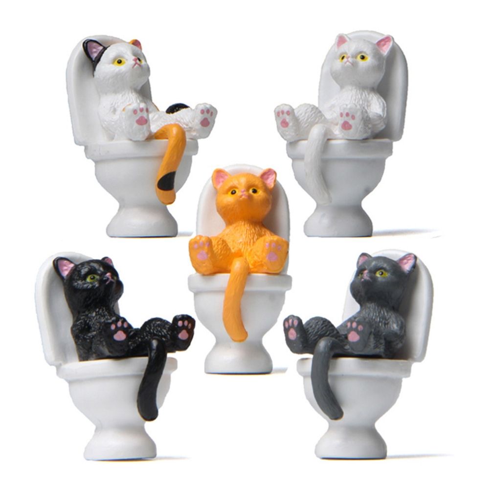 5Pcs Cat Sitting on Toilet Statues Mini Toilet Cat Figurines Desktop Ornaments view 7