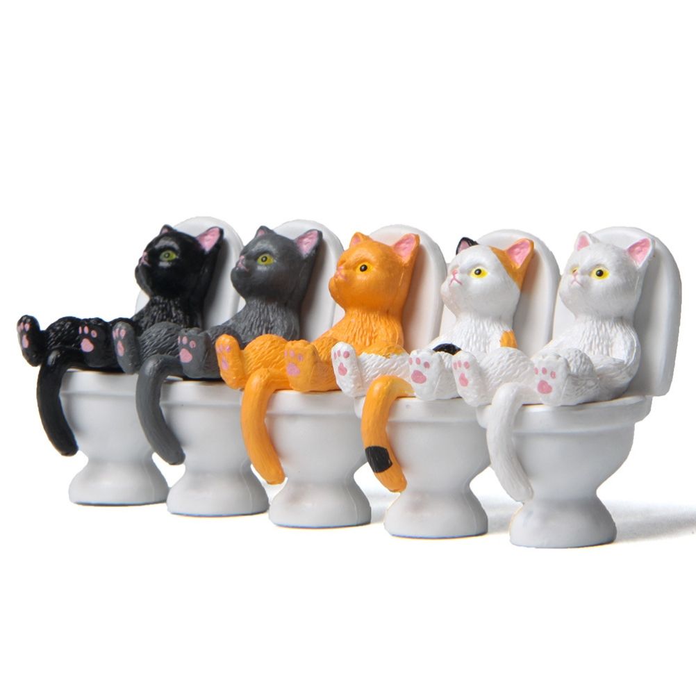 5Pcs Cat Sitting on Toilet Statues Mini Toilet Cat Figurines Desktop Ornaments view 8