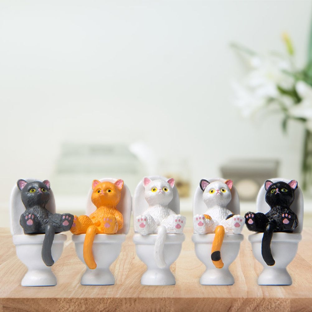 5Pcs Cat Sitting on Toilet Statues Mini Toilet Cat Figurines Desktop Ornaments view 9