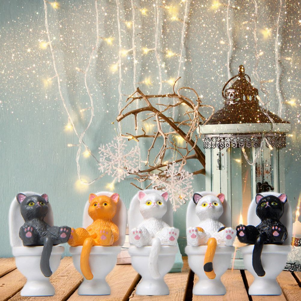 5Pcs Cat Sitting on Toilet Statues Mini Toilet Cat Figurines Desktop Ornaments view 10