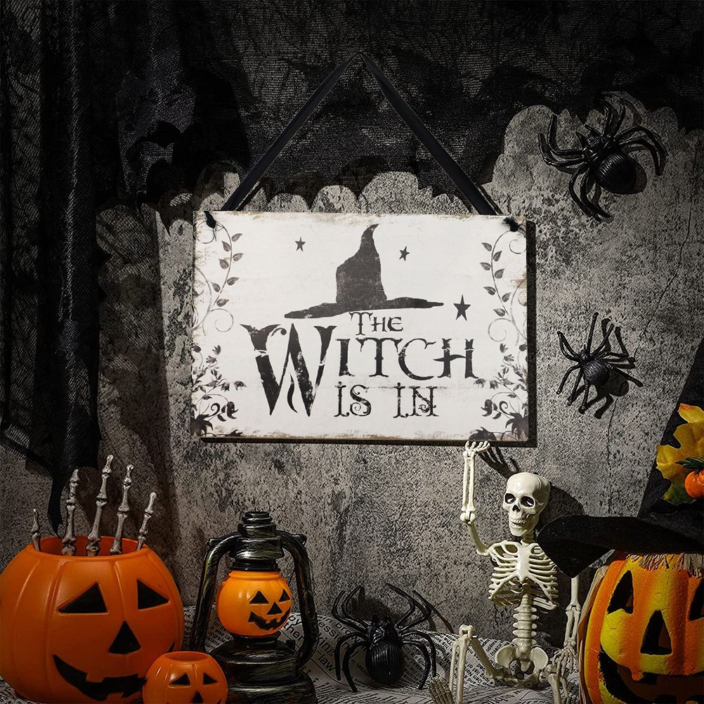 Halloween Witch Wooden Sign Vintage Wooden Witch Hanging Plaque for Halloween view 5