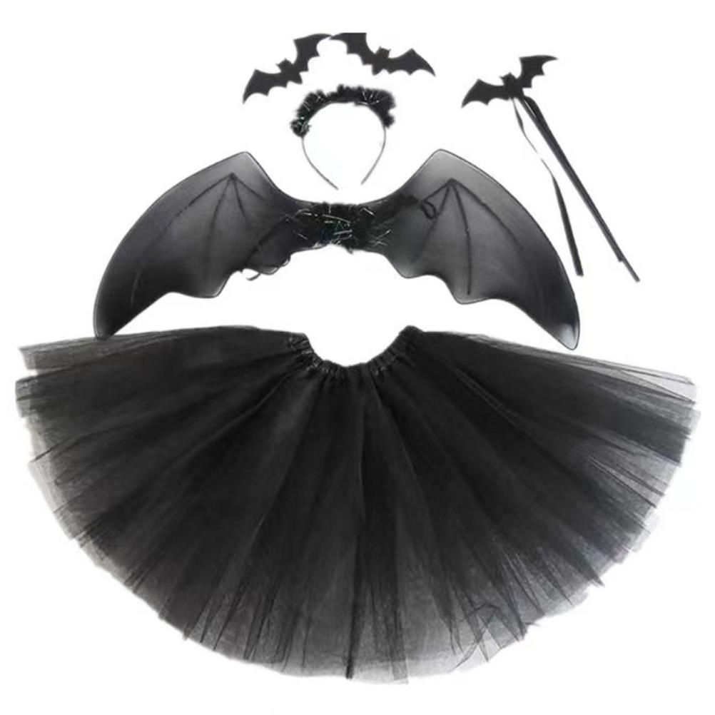 4Pcs Girls Halloween Cosplay Costume Dress Up Dress Black Mesh Skirt with