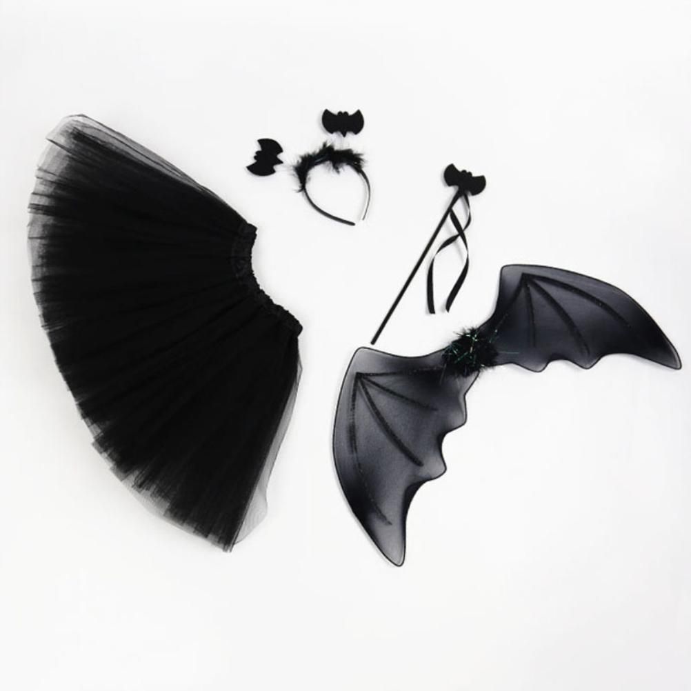 4Pcs Girls Halloween Cosplay Costume Dress Up Dress Black Mesh Skirt with view 3