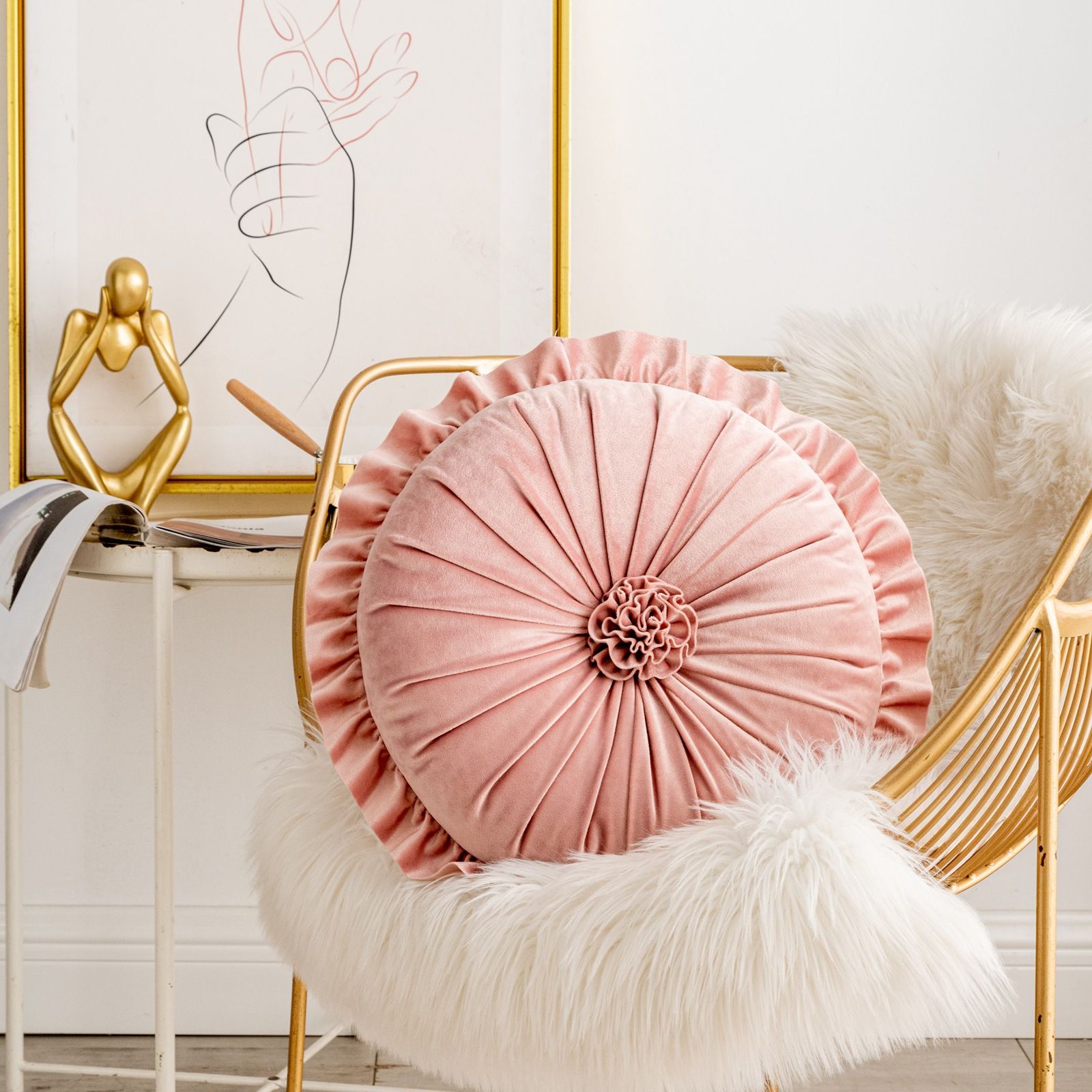 Round Velvet Cushion Ruffled Flower Cushion Decorative Sofa Throw Pillow view 10