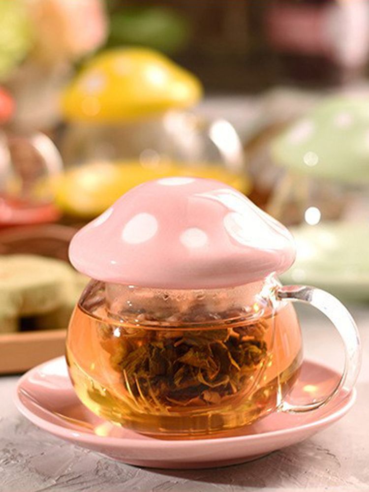 Cute Mushroom Shaped Teacup Ceramic Glass Filter Tea Cup Set view 14
