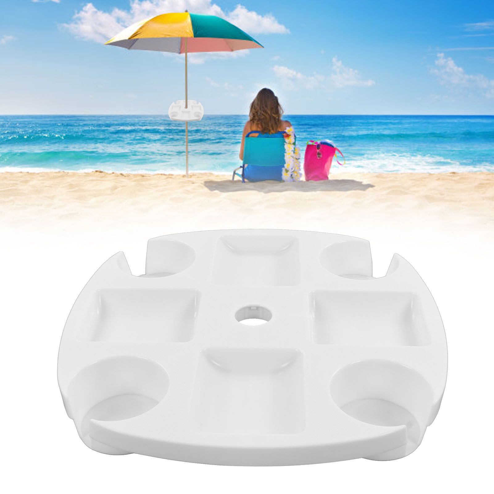 Beach Umbrella Table Tray White Round Umbrella Tray with 4 Cup Holder for view 12