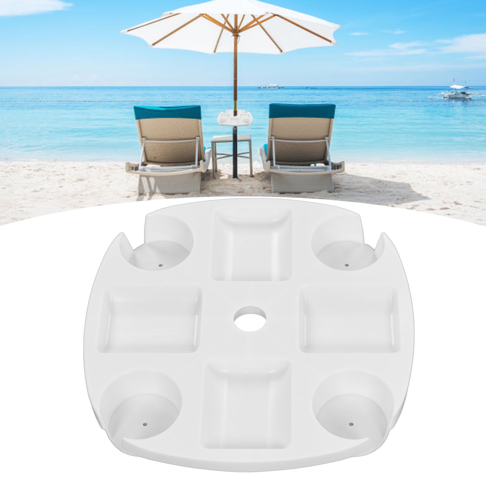 Beach Umbrella Table Tray White Round Umbrella Tray with 4 Cup Holder for view 13