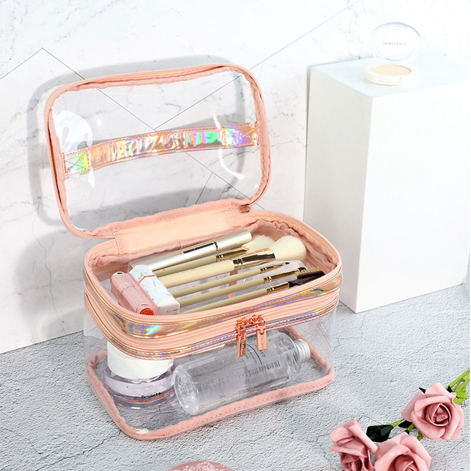 Ladies Cosmetic Bag Transparent Double Layer Waterproof High Capacity Toiletry view 6