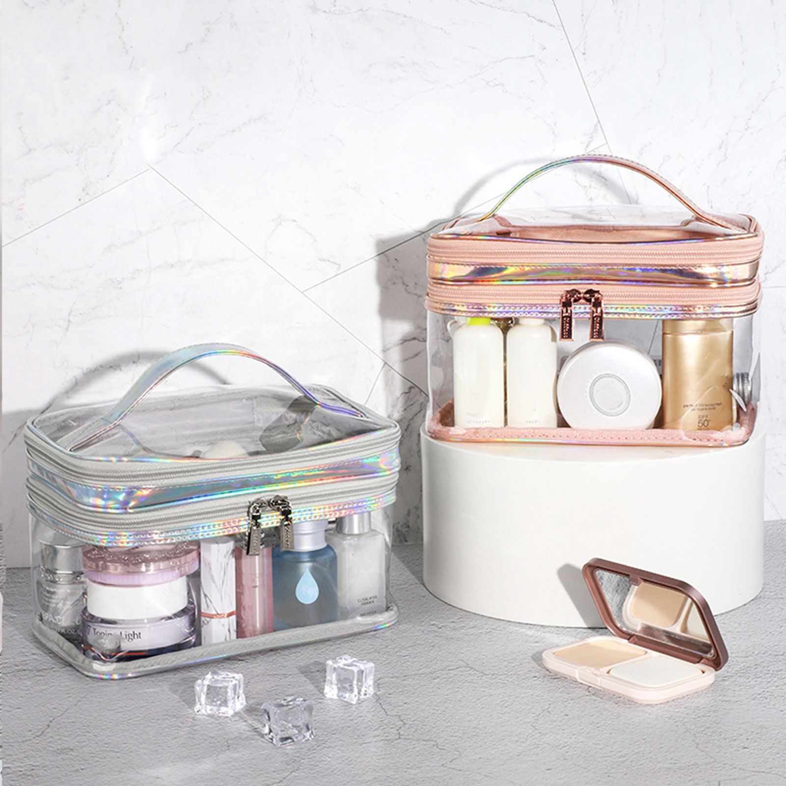 Ladies Cosmetic Bag Transparent Double Layer Waterproof High Capacity Toiletry view 7