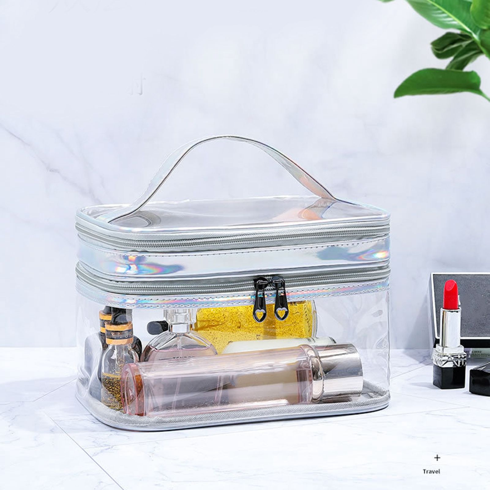 Ladies Cosmetic Bag Transparent Double Layer Waterproof High Capacity Toiletry view 3