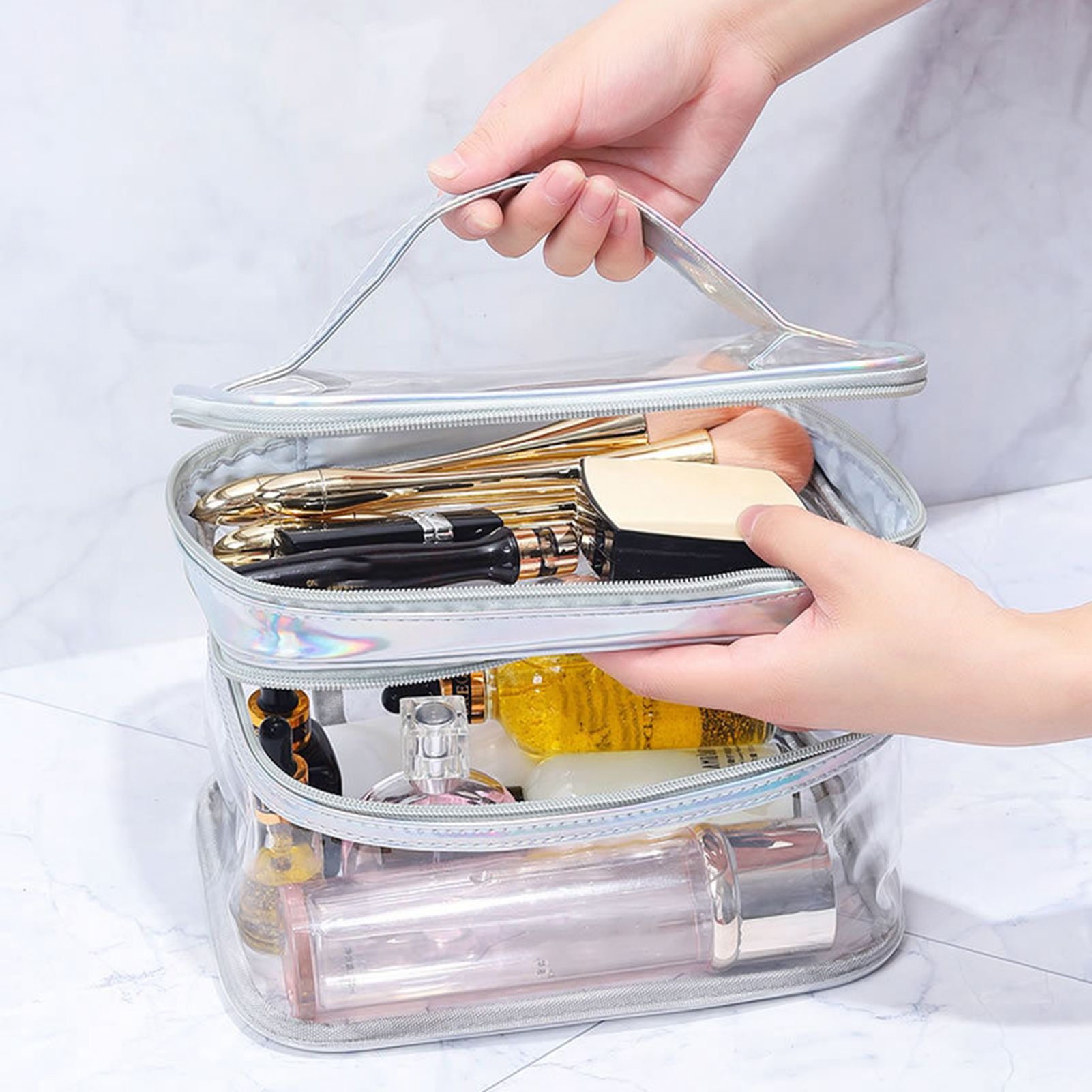 Ladies Cosmetic Bag Transparent Double Layer Waterproof High Capacity Toiletry view 6