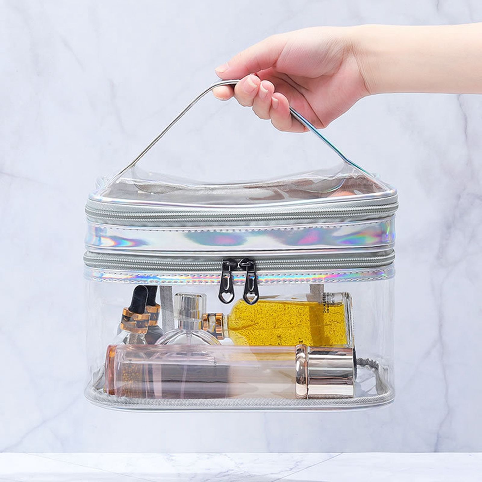 Ladies Cosmetic Bag Transparent Double Layer Waterproof High Capacity Toiletry view 9