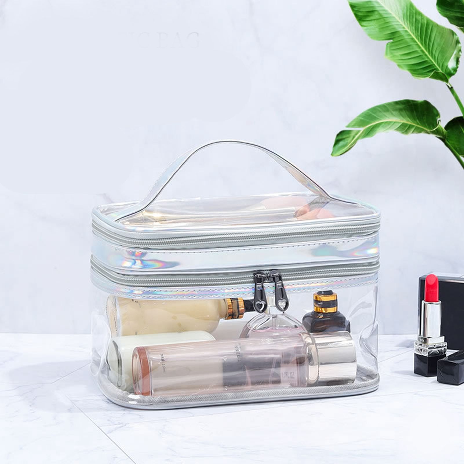 Ladies Cosmetic Bag Transparent Double Layer Waterproof High Capacity Toiletry view 11