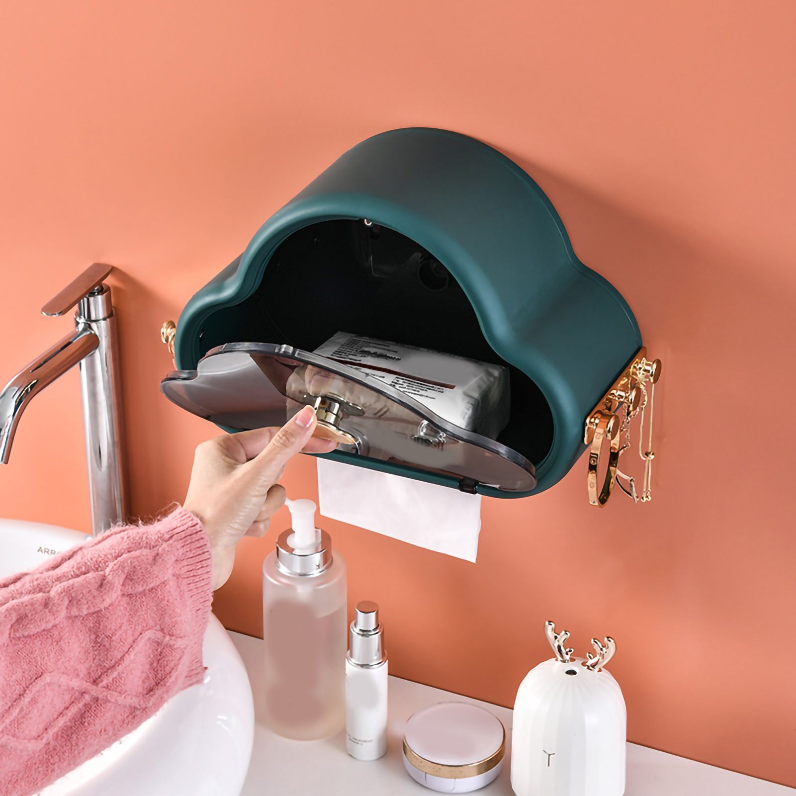 Tissue Holder Wall Mounted Side Hooks Waterproof Simple Fashionable Tissue Box view 2