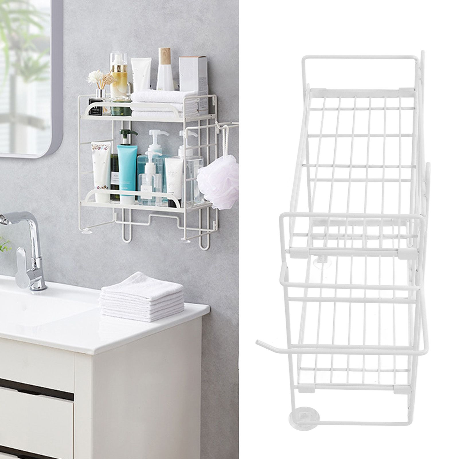 Toilet Storage Shelves Iron Wall Mounted 2 Layers Foldable Grid Home view 11