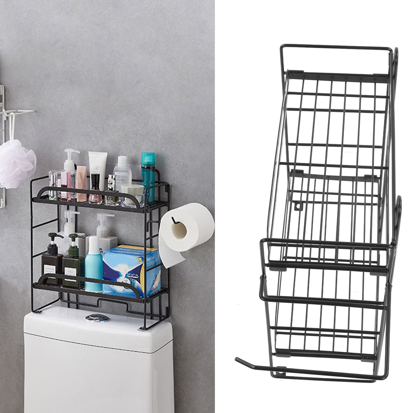 Toilet Storage Shelves Iron Wall Mounted 2 Layers Foldable Grid Home view 12