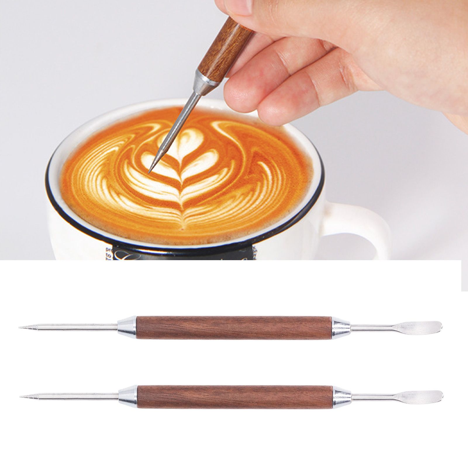 2PCS Coffee Art Pen Wooden Handle Stainless Steel Coffee Fancy Stitch Needle view 11